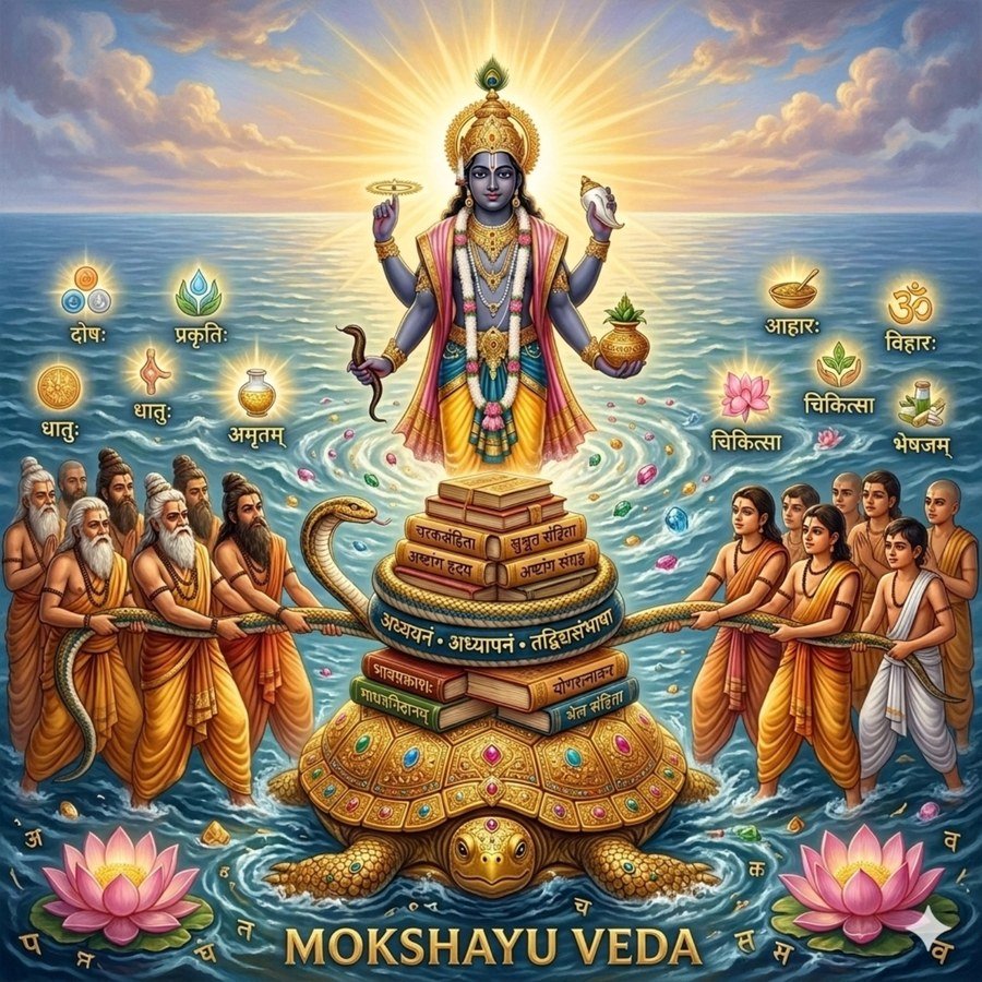 Samudra Manthan-inspired artwork depicting Dhanvantari with classical Ayurvedic concepts and texts, representing the Mokshayu Veda philosophy
